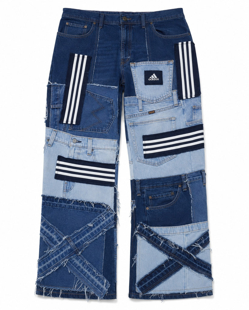 CR2193 UPCYCLED ADIDAS PATCHWORK DENIM JEANS