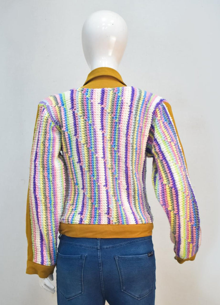 CR2284 UPCYCLED CROCHET & WORKWEAR CROP JACKET