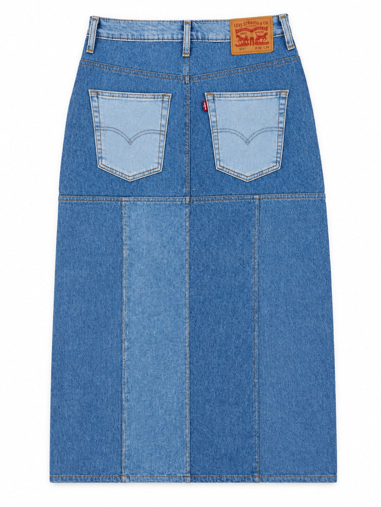 CR2293 UPCYCLED TWO-TONE ASYMMETRIC DENIM MAXI SKIRT