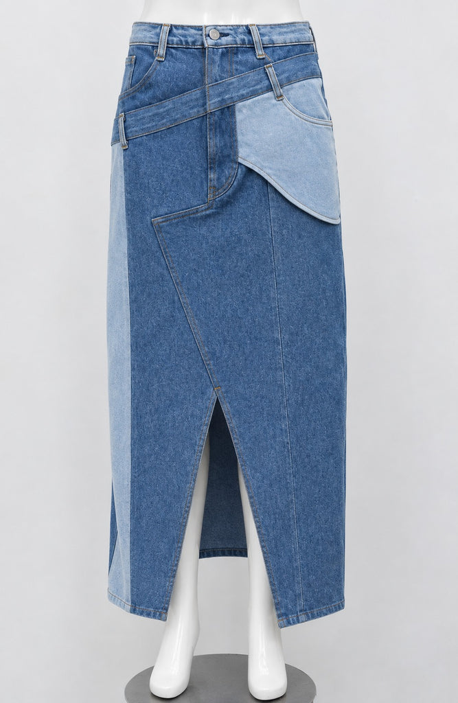 CR2293 UPCYCLED TWO-TONE ASYMMETRIC DENIM MAXI SKIRT