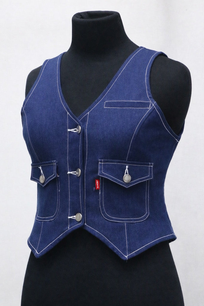 CR17 Women’s Denim Crop Vest – Button Front Sleeveless Waistcoat (Light & Dark Wash)