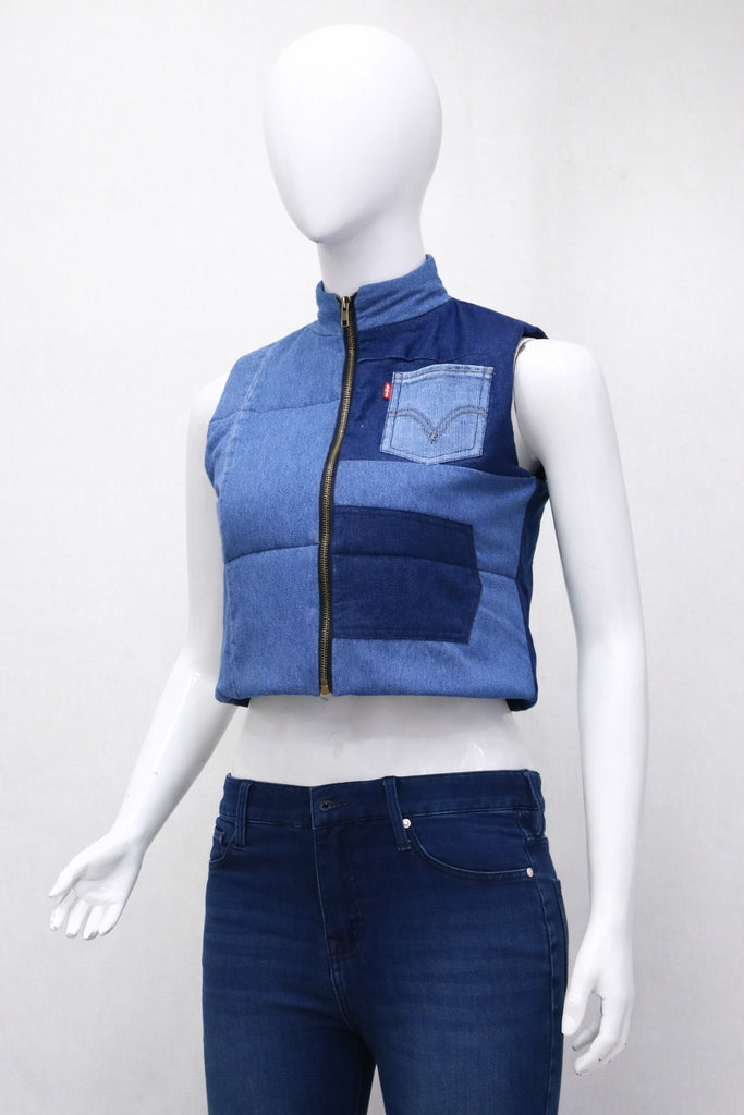 CR1417 Rework Two-Tone Denim Puffer Vest – Cropped Patchwork Style