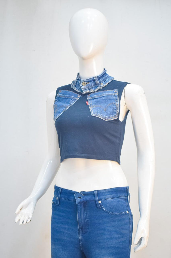 CR2275 UPCYCLED DENIM POCKET CROP TOP