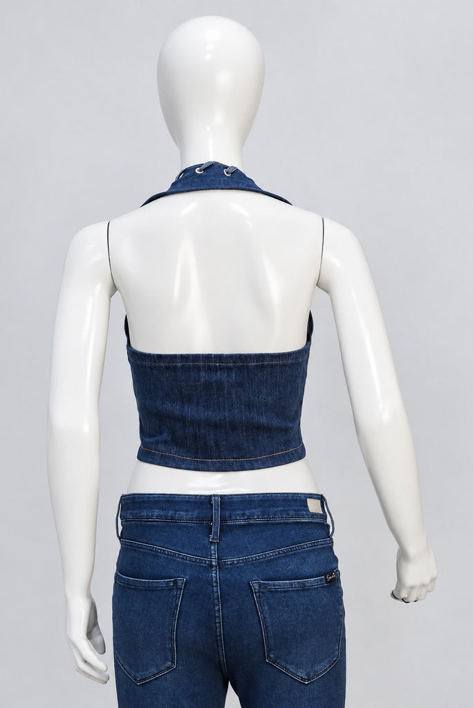 CR2276 UPCYCLED LACE-UP DENIM HALTER CORSET TOP