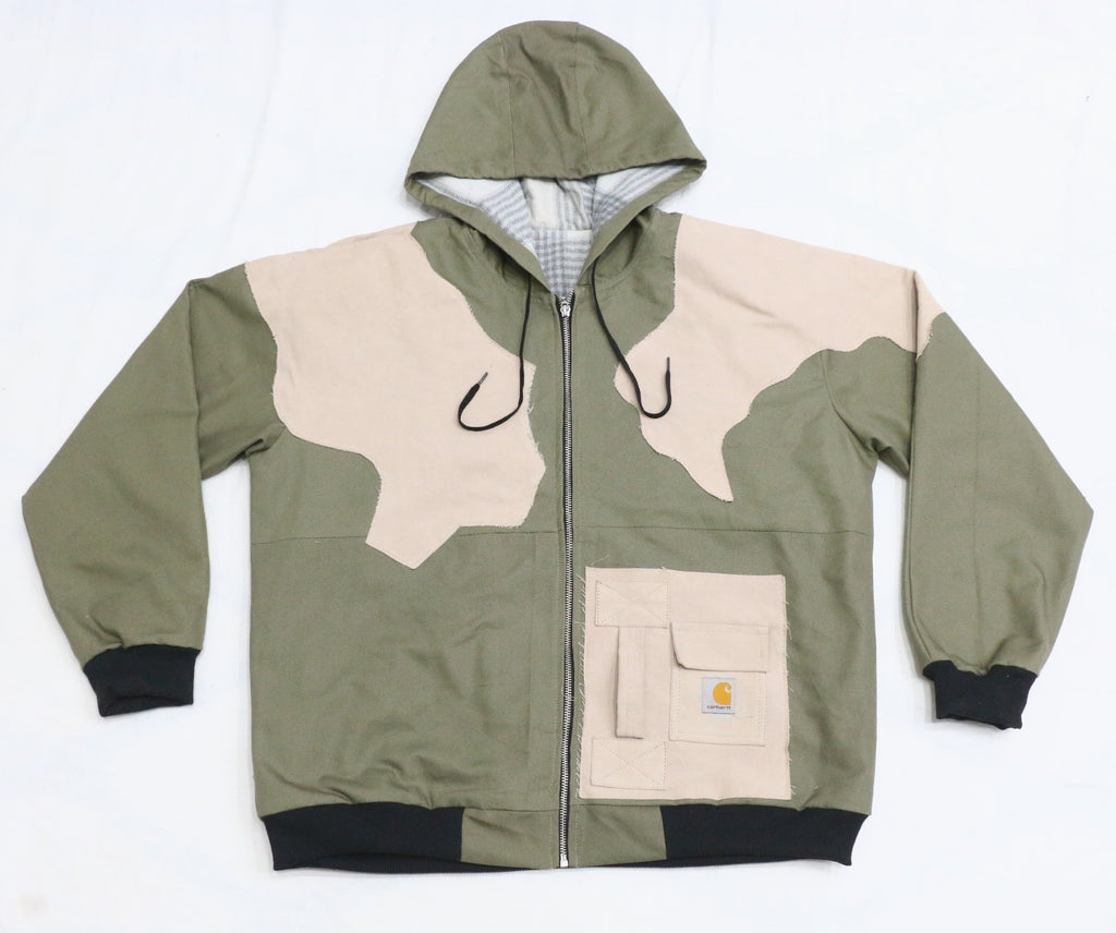 CR29 Rework Utility Hoodie Jacket – Olive Patchwork Zip-Up Workwear Style