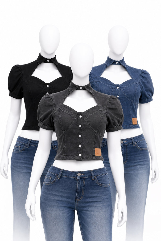 CR2091 Upcycled Collar Crop Top