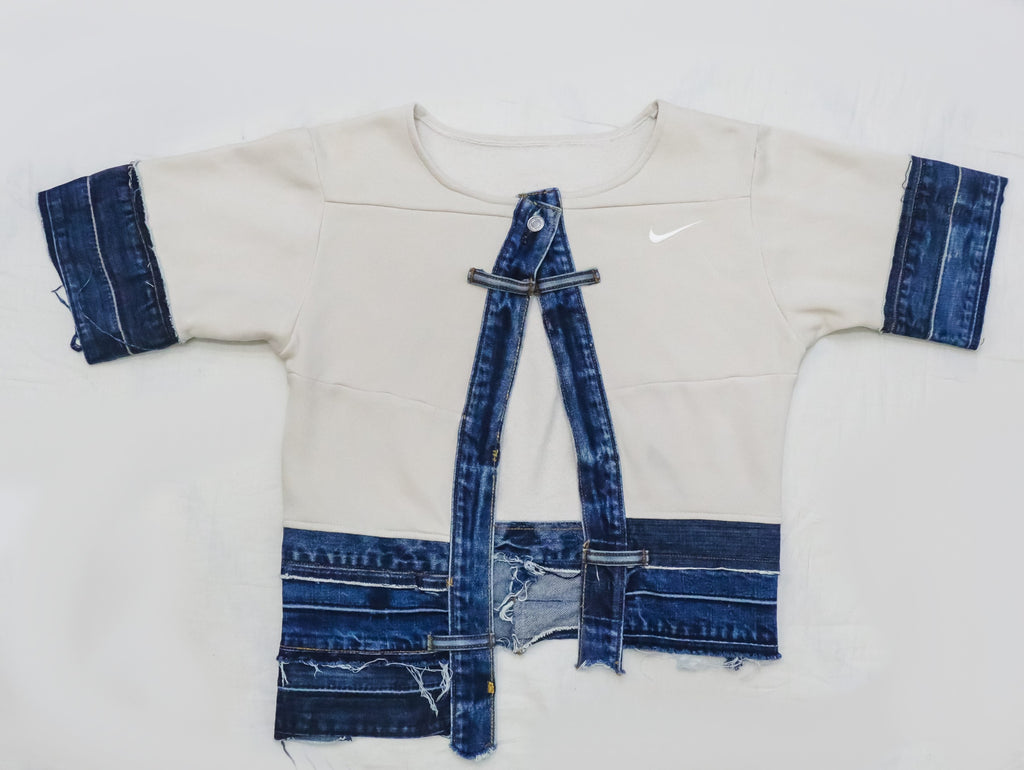 CR2288 UPCYCLED DENIM TIE-FRONT CROP TOP