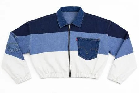 CR2043 Upcycled Color-Block Denim Zip Jacket
