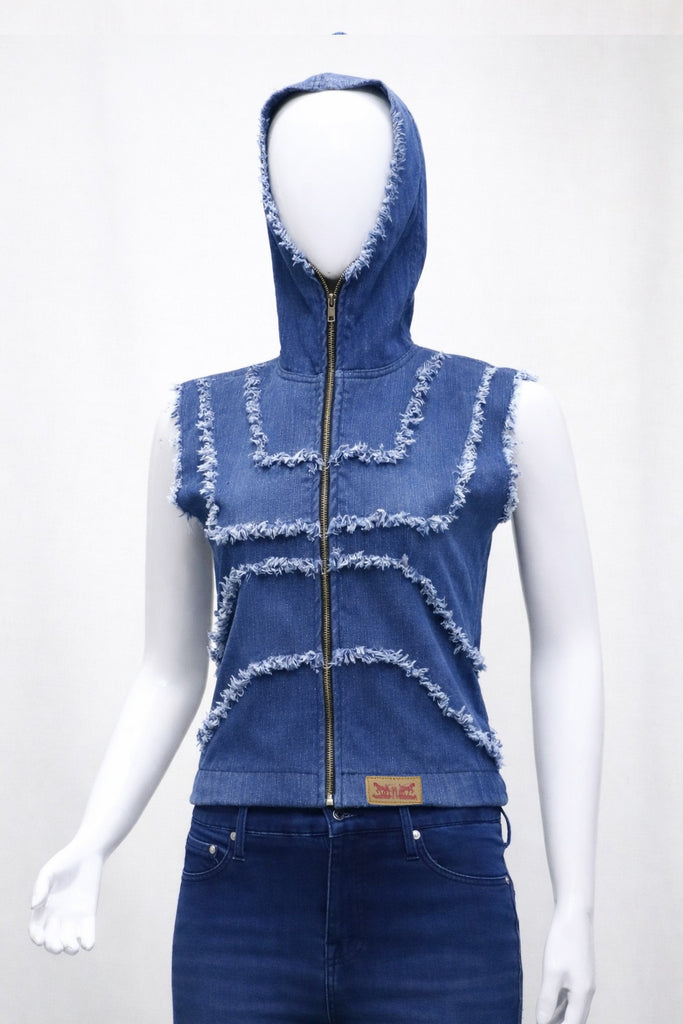 CR1386 Upcycled Raw Edge Denim Hooded Vest