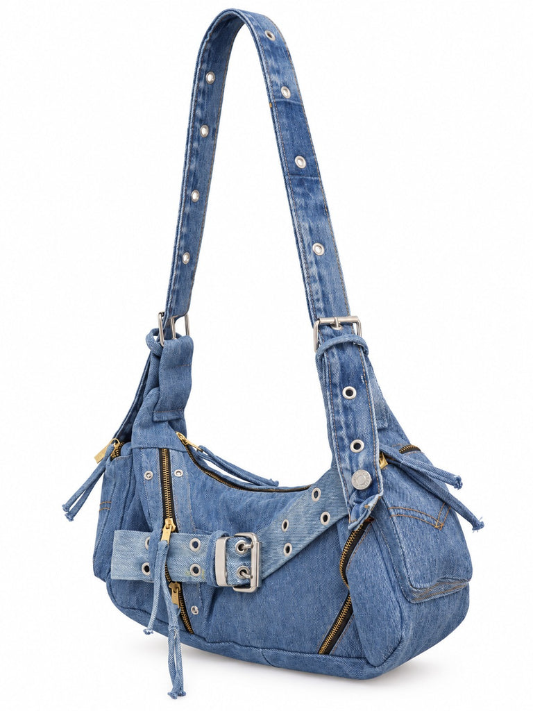 CR2305 UPCYCLED DENIM ZIP & BUCKLE SHOULDER BAG