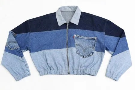 CR2043 Upcycled Color-Block Denim Zip Jacket