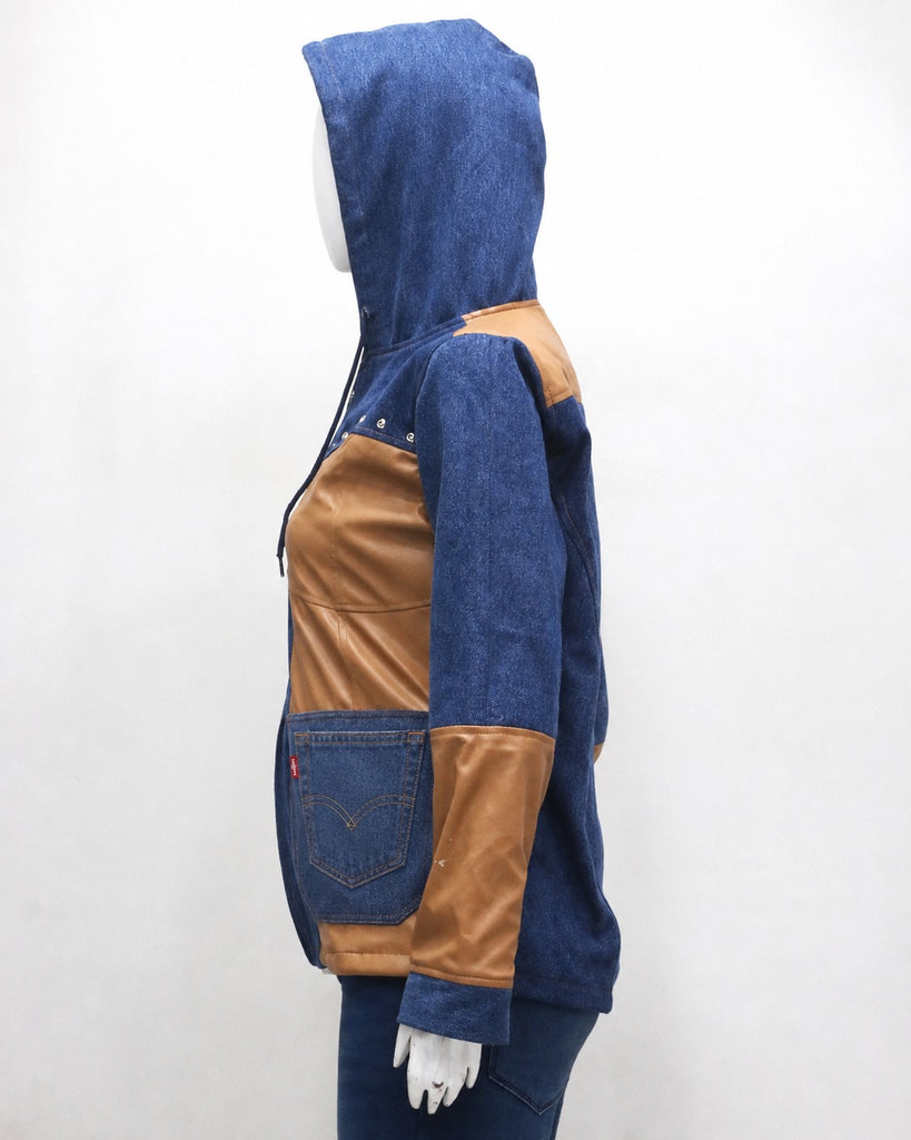 CR2199 UPCYCLED LEVI’S DENIM & FAUX LEATHER HOODED JACKET