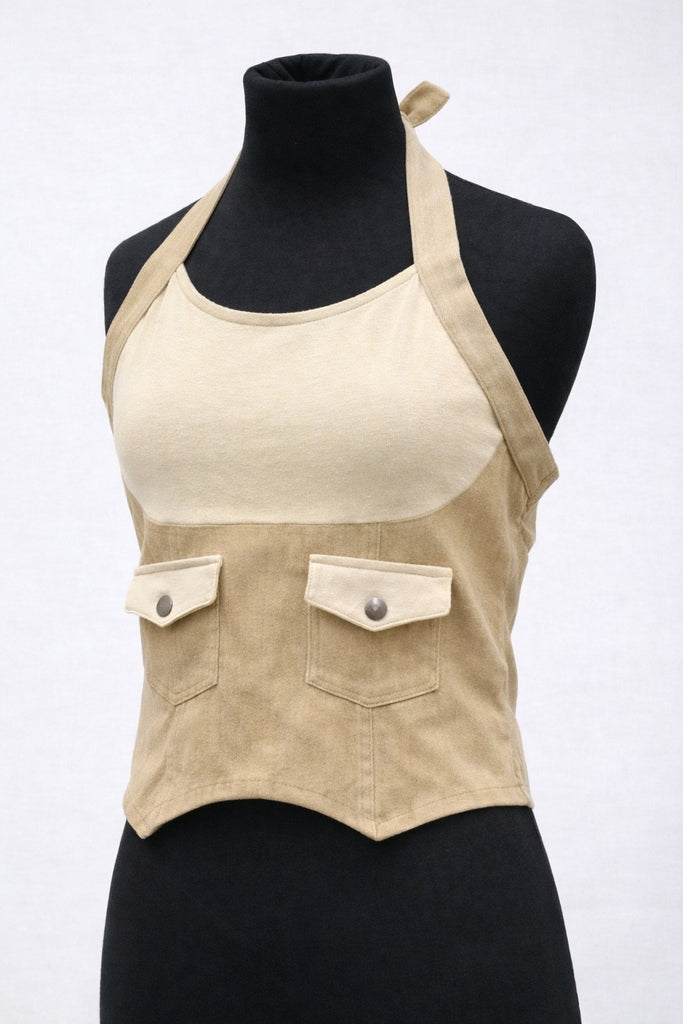 CR1354 Rework Halter Denim Corset Top – Two Tone Utility Crop