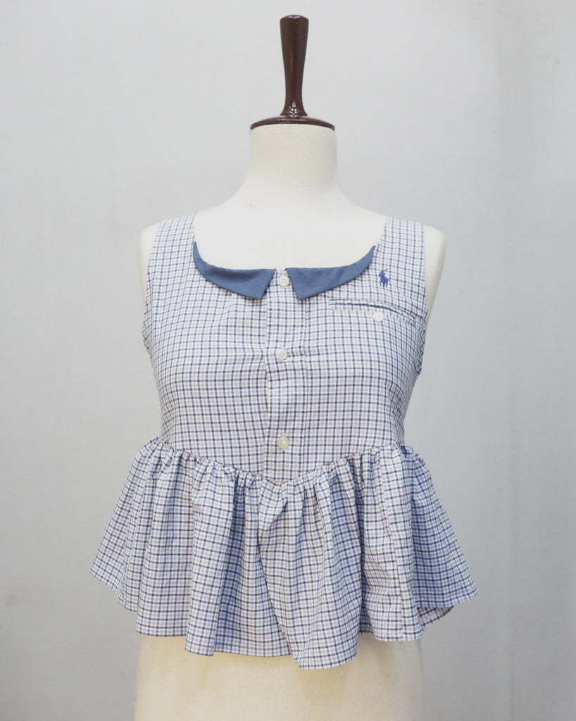 CR2212 UPCYCLED POLO CHECK PEPLUM TOP