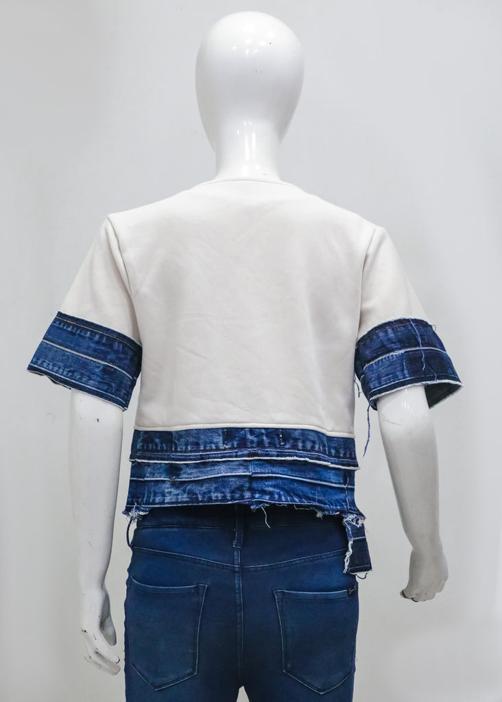 CR2288 UPCYCLED DENIM TIE-FRONT CROP TOP