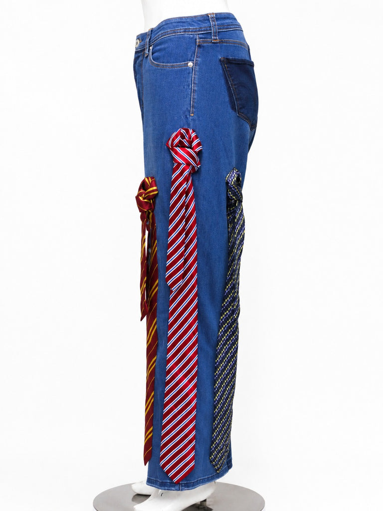 CR2194 UPCYCLED NECKTIE APPLIQUÉ FLARE DENIM JEANS