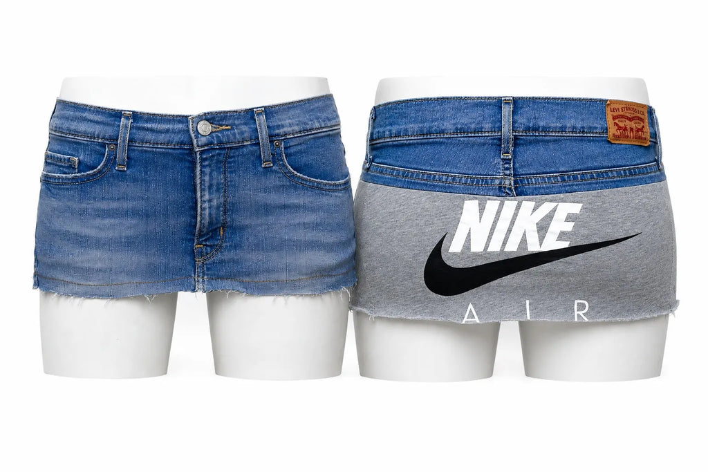 CR1708 UPCYCLED SPORT PANEL DENIM MINI SKIRT