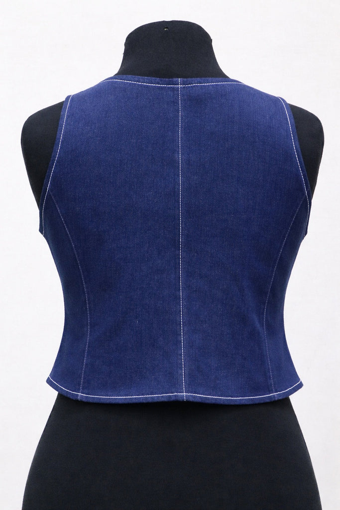 CR17 Women’s Denim Crop Vest – Button Front Sleeveless Waistcoat (Light & Dark Wash)