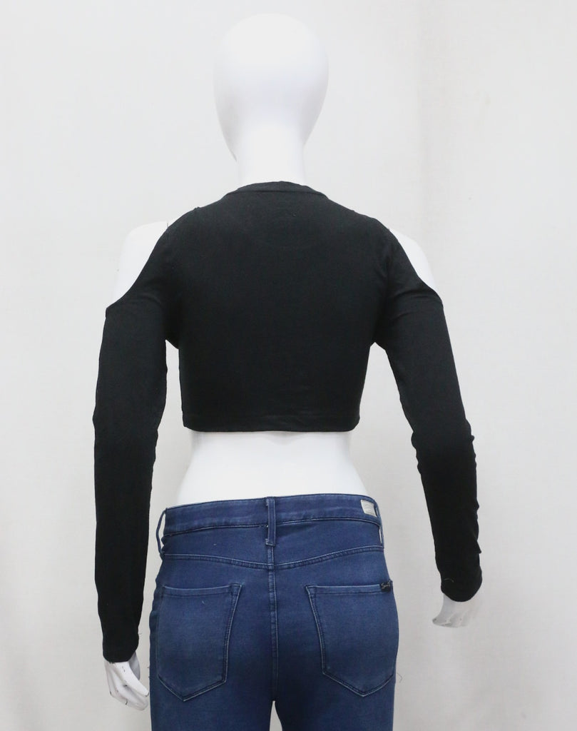 CR23 Ruched Cut-Out Crop Top – Off-Shoulder Tie Front Long Sleeve