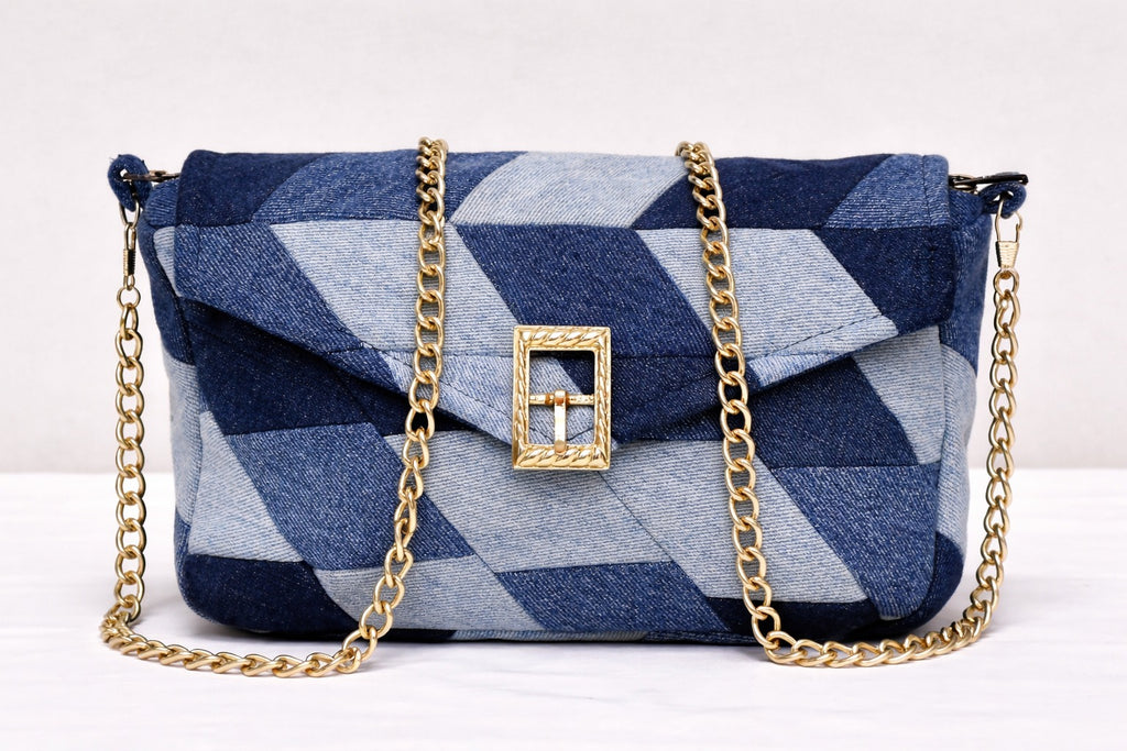 CR1431 Rework Denim Patchwork Shoulder Bag – Geometric Blue Chain Bag