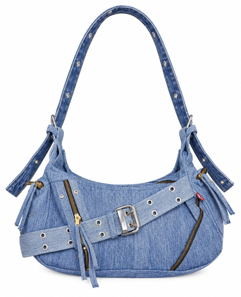 CR2305 UPCYCLED DENIM ZIP & BUCKLE SHOULDER BAG