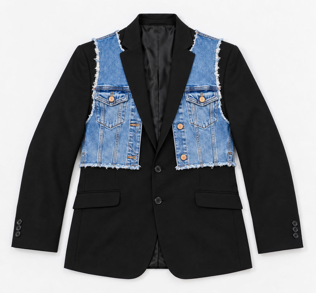 CR2270 UPCYCLED DENIM VEST PANEL SUITING BLAZER