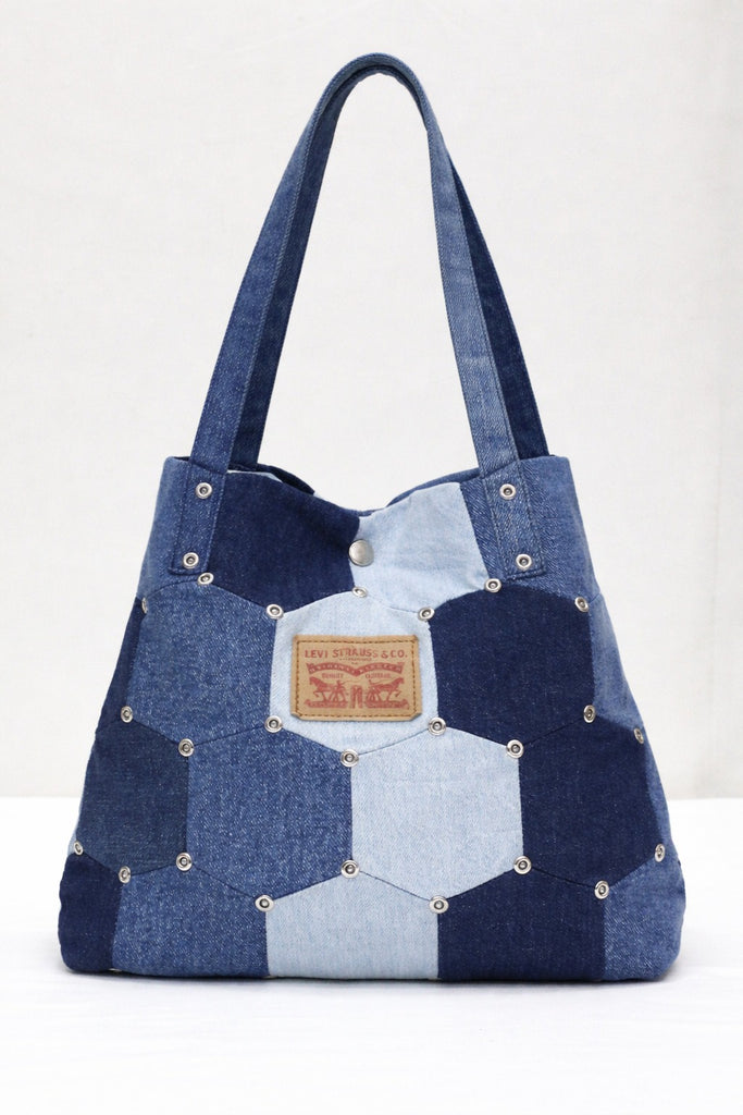 CR1420 Patchwork Denim Tote Bag – Hex Panel Rework Carry Bag