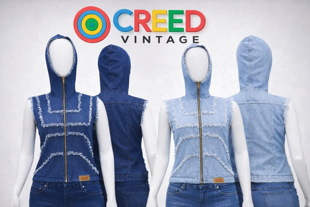 CR1374 Rework Denim Hooded Vest – Frayed Panel Zip-Up (Vintage Wash Mix)