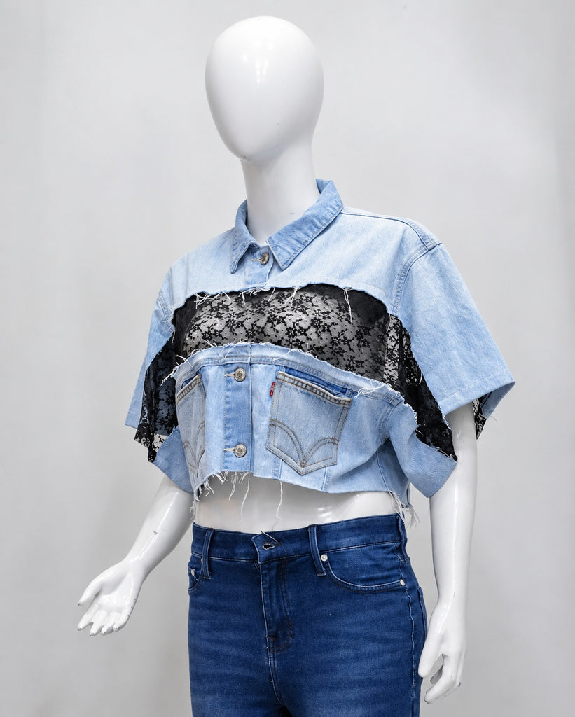 CR2215 UPCYCLED DENIM & LACE DECONSTRUCTED CROP TOP