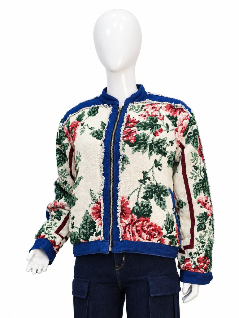 CR2303 UPCYCLED DENIM & FLORAL TAPESTRY ZIP JACKET