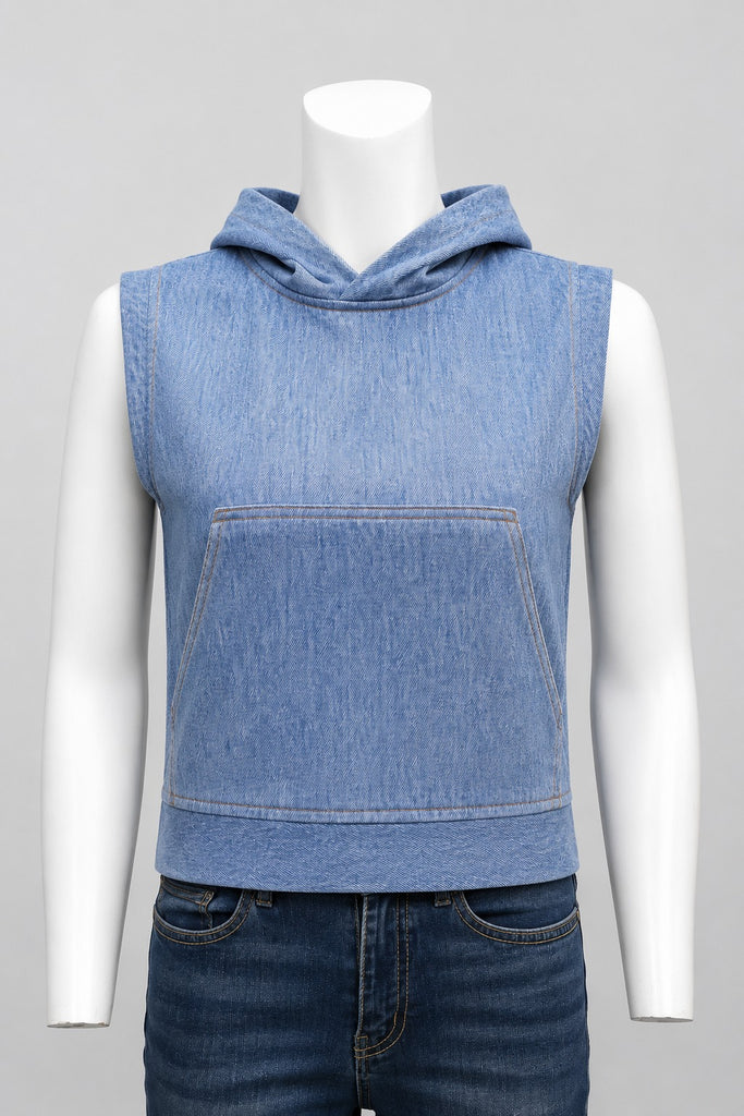 CR2245 UPCYCLED DENIM SLEEVELESS HOODIE VEST