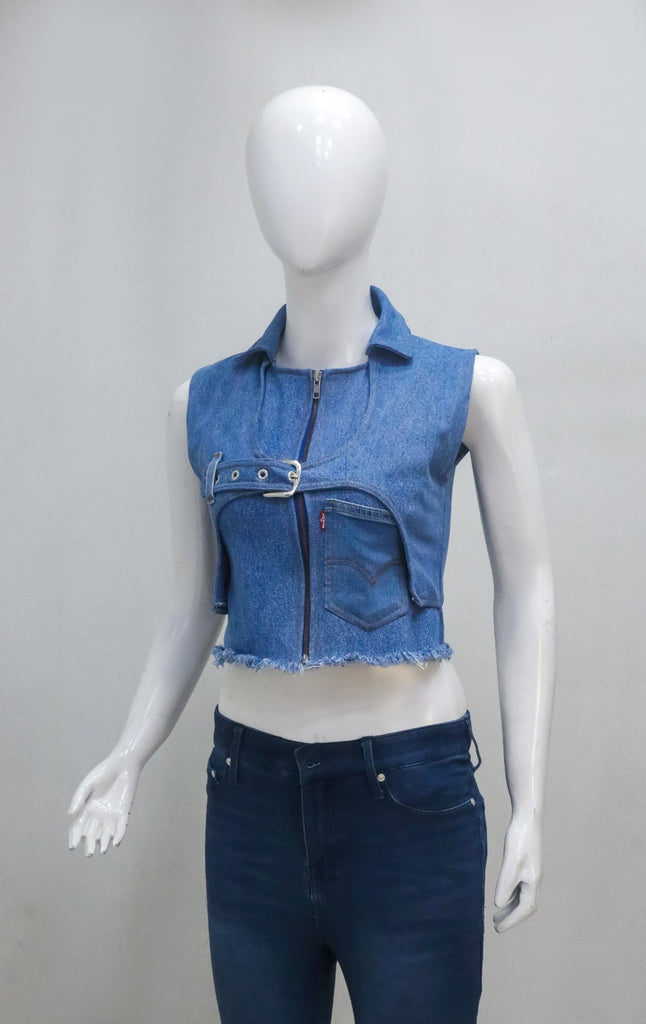 CR2248 UPCYCLED LEVI’S BUCKLE CUT-OUT DENIM VEST