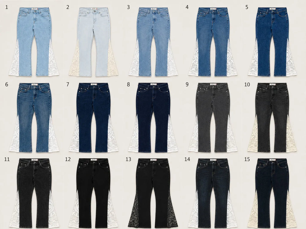 CR2220 UPCYCLED DENIM & LACE PANEL FLARE JEANS