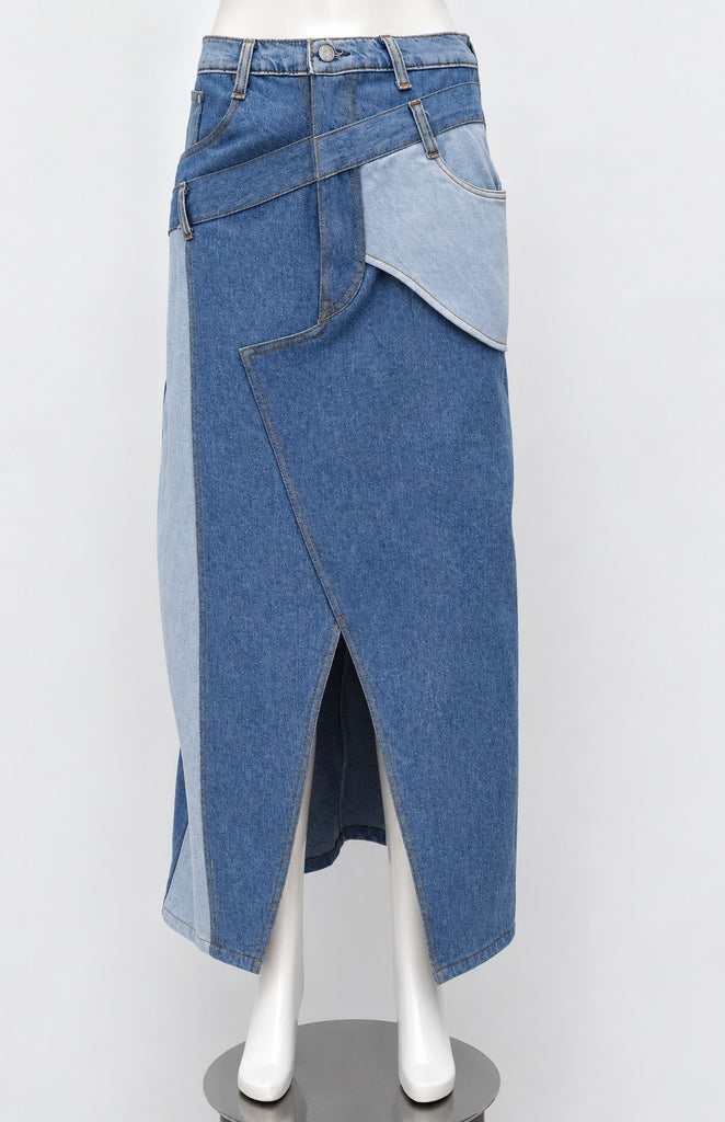 CR2293 UPCYCLED TWO-TONE ASYMMETRIC DENIM MAXI SKIRT