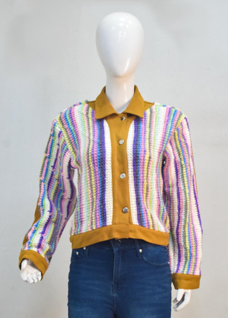 CR2284 UPCYCLED CROCHET & WORKWEAR CROP JACKET