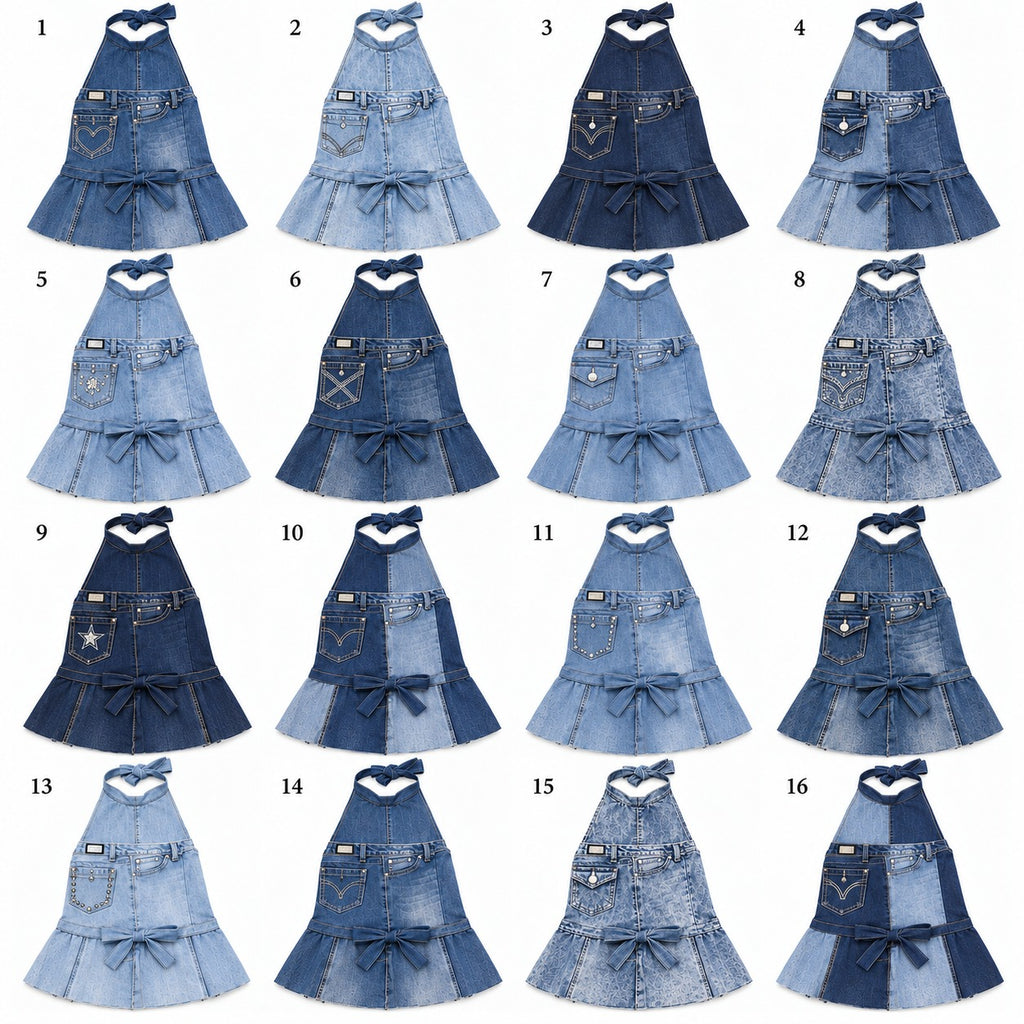 CR2279 UPCYCLED DENIM HALTER BOW DRESS