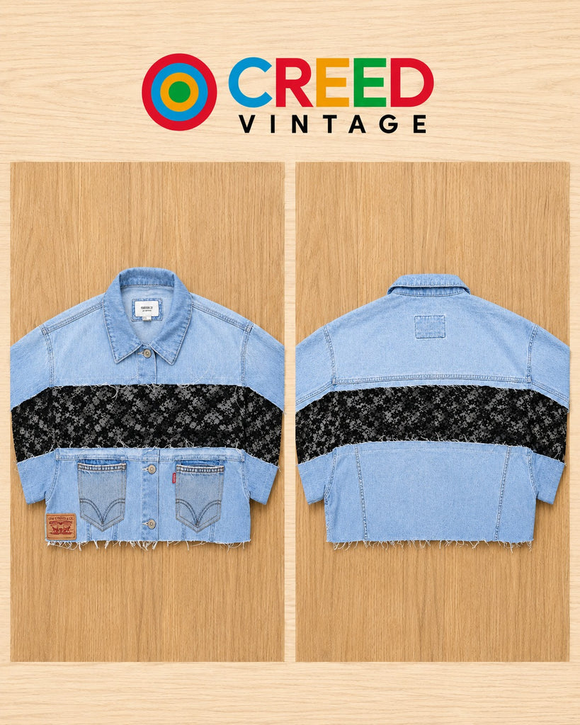 CR2215 UPCYCLED DENIM & LACE DECONSTRUCTED CROP TOP