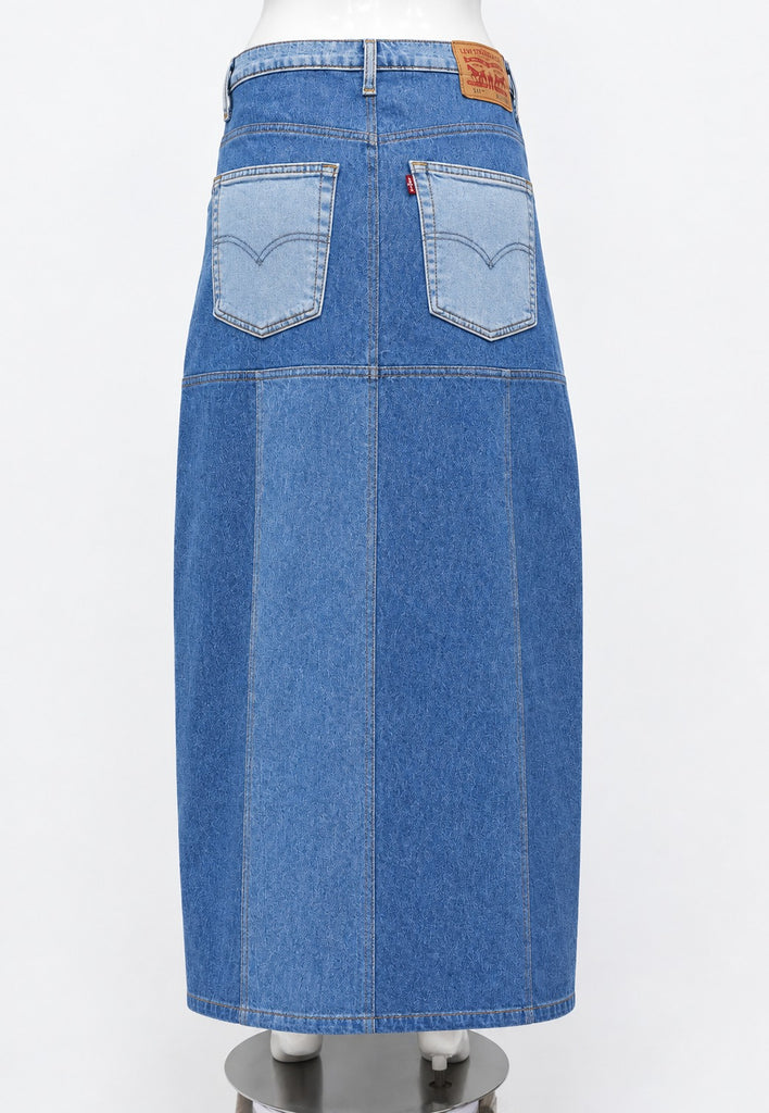 CR2293 UPCYCLED TWO-TONE ASYMMETRIC DENIM MAXI SKIRT