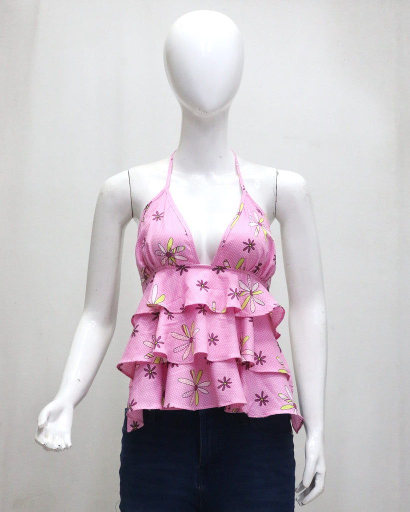 CR1948 UPCYCLED TIERED RUFFLE HALTER TOP