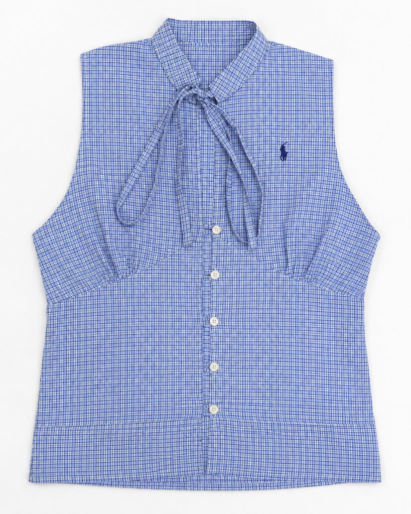 CR1909 UPCYCLED TIE-NECK SLEEVELESS SHIRT
