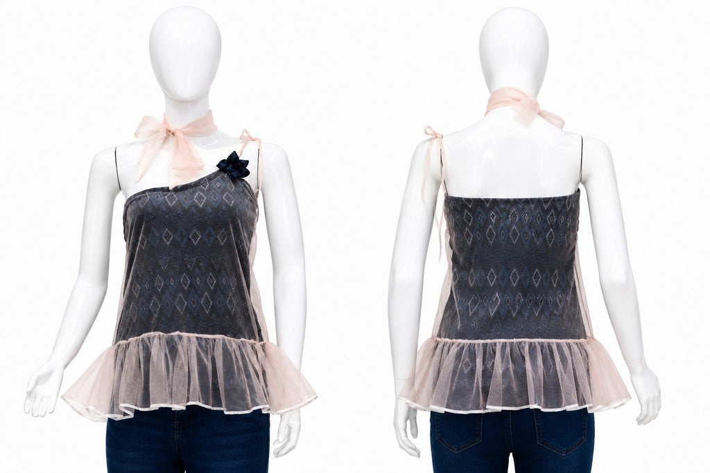 CR1596 Upcycled Mesh Ruffle Cami Top