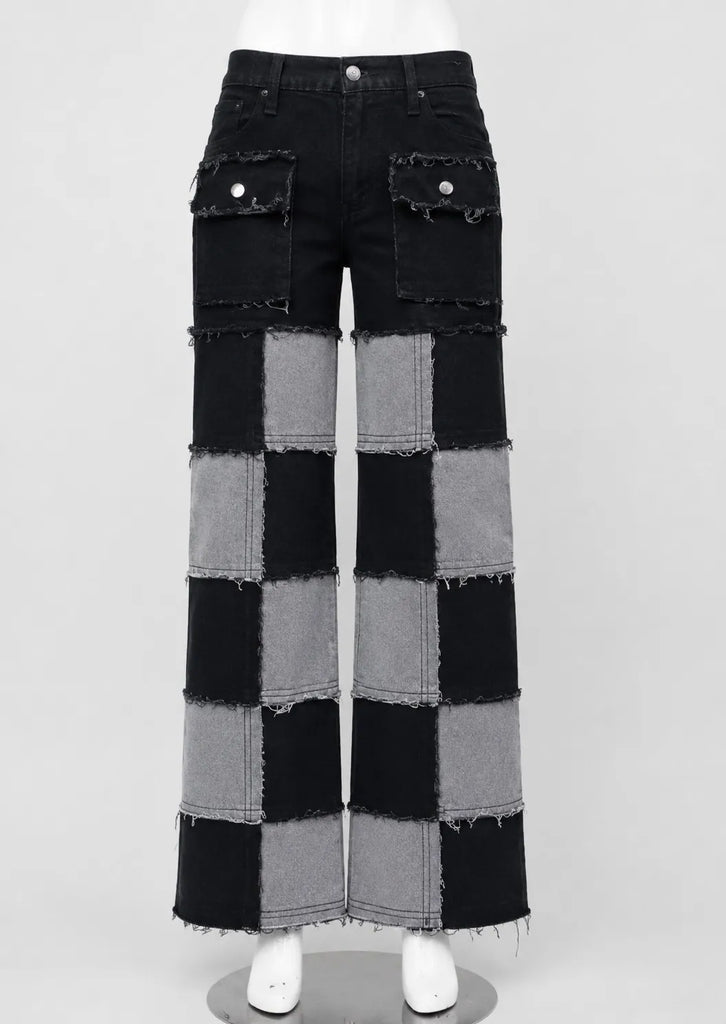 CR1585 Upcycled Checker Patchwork Jeans