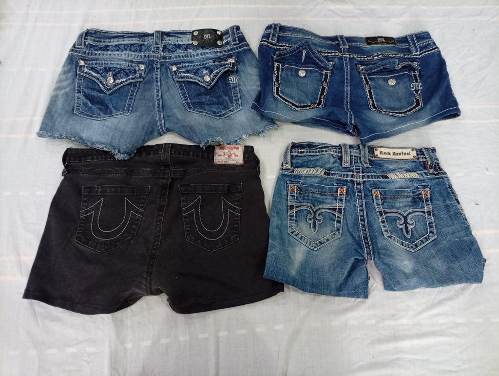CR10598 Upcycled Mix Branded Mini Denim Shorts