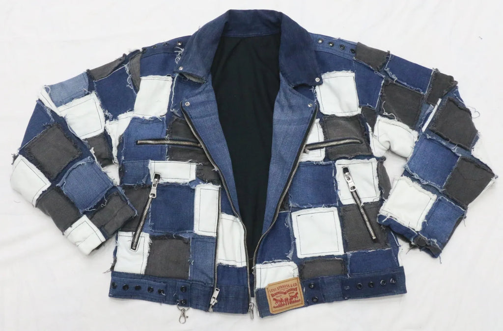 CR1458 - Rework Patchwork Denim Jacket – Distressed Panel Cropped Style