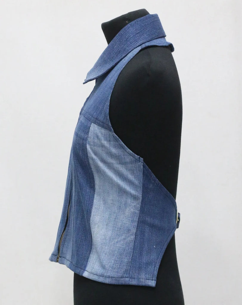 CR1428 Rework Denim Halter Vest Top – Open Back Buckle Style (Vintage Wash Mix)