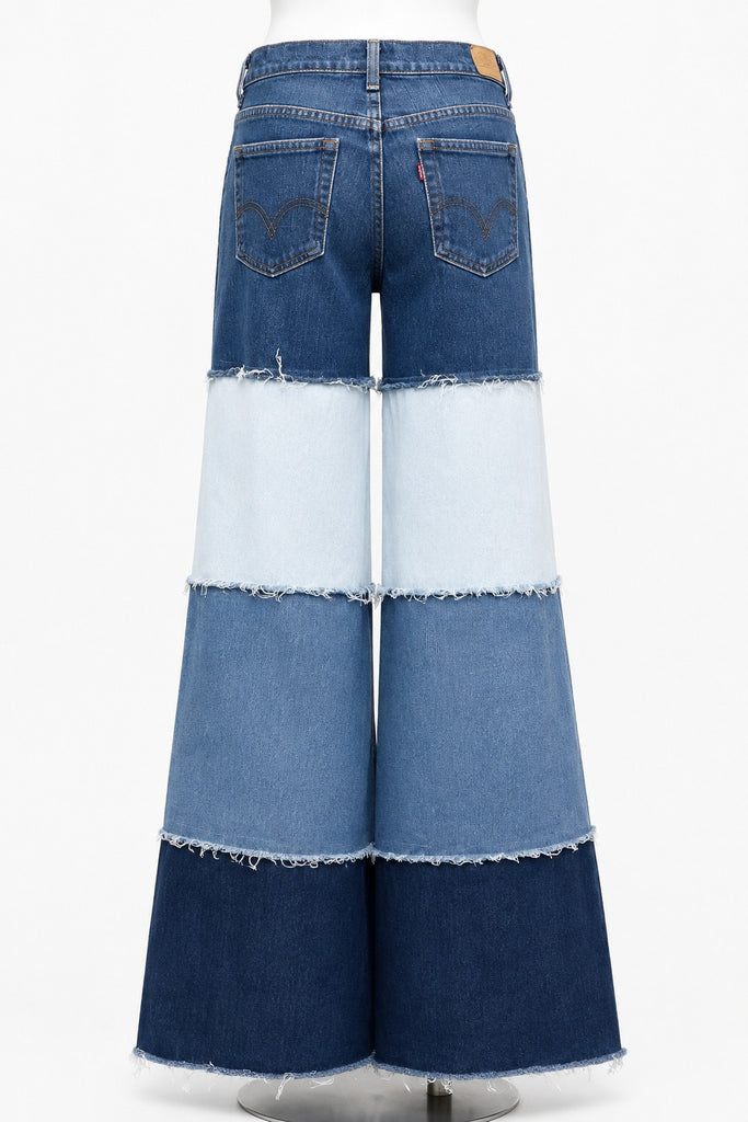 CR2076 UPCYCLED TIERED COLOR-BLOCK DENIM FLARE JEANS