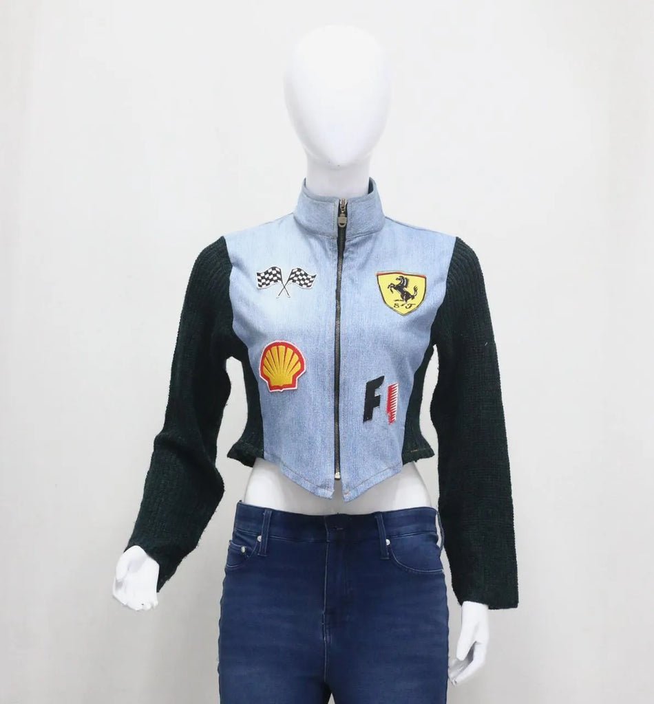 CR1143 Upcycled Racing Patch Crop Jacket