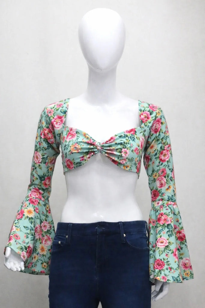 CR1307 Rework Tie Front Top – Bell Sleeve Crop (Print Mix)