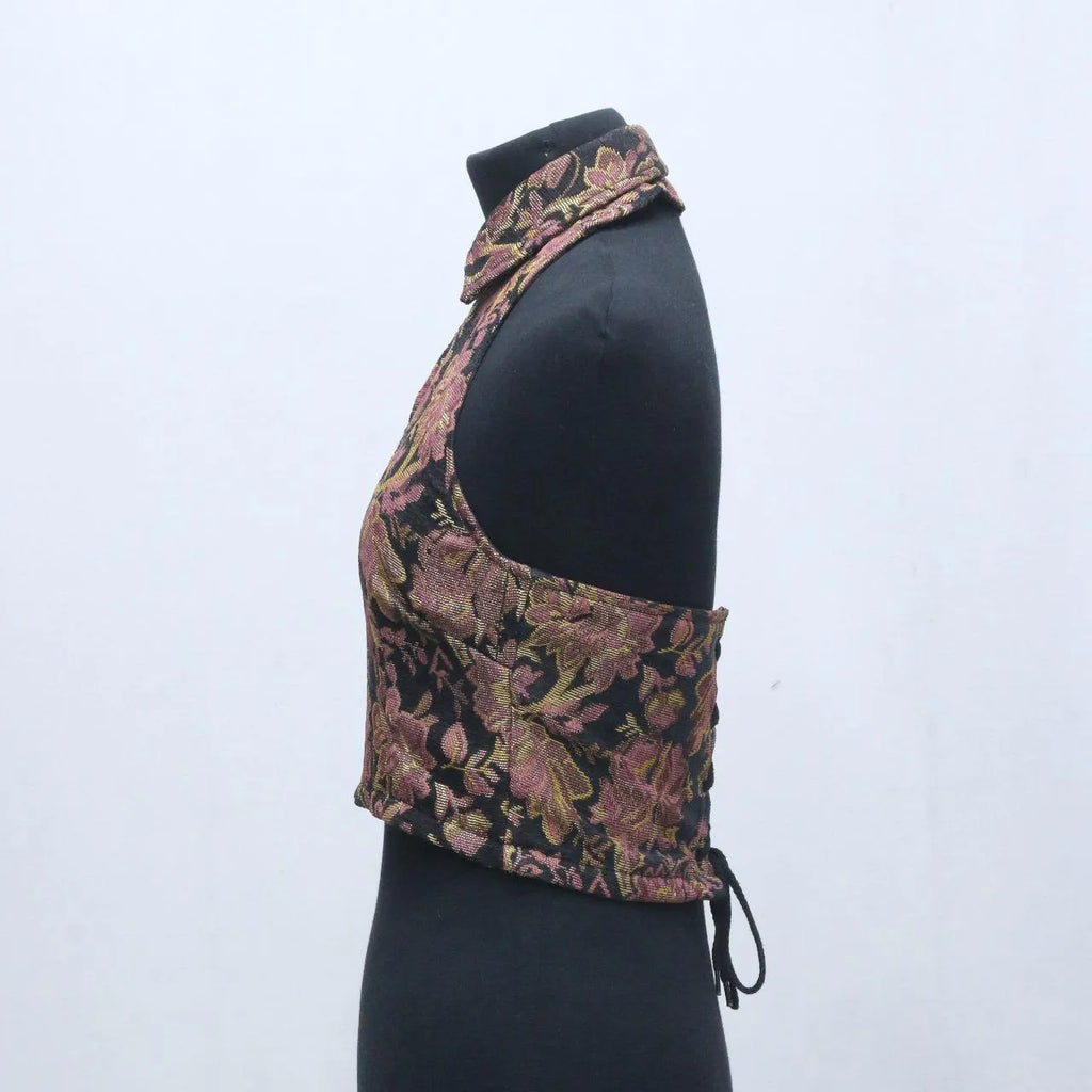 CR1267 Upcycled Y2K Floral Halter Crop Top – Lace Back Corset Style