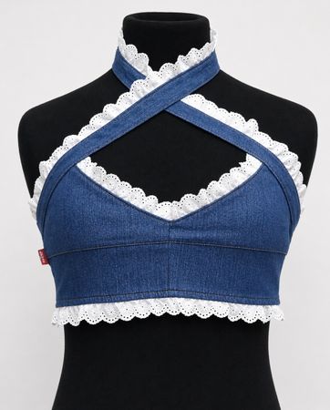 CR2099 Upcycled Denim Lace Halter Top
